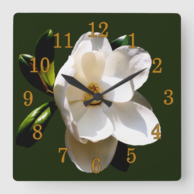 Magnolia with Gold Numerals Square Wall Clock (Front)
