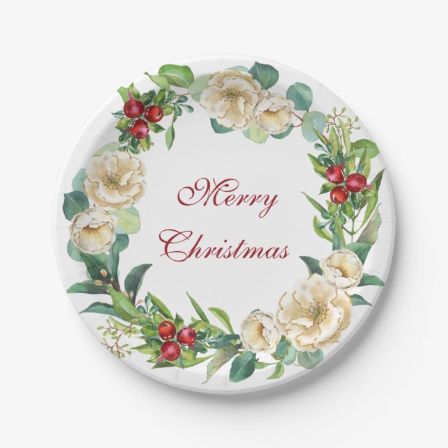 Magnolia Wreath and Berries Christmas Paper Plates (Front)
