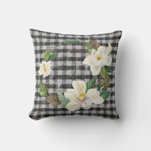 Magnolia Wreath Rustic Farmhouse Black White Check Cushion