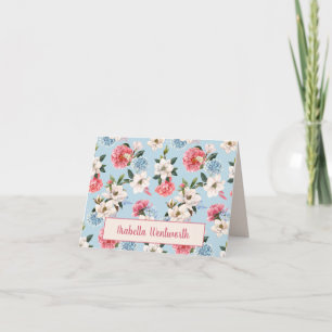 Magnolias and Carnations on Blue Personalised Note Card