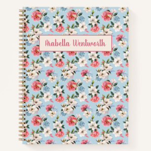 Magnolias and Carnations on Blue Personalised Notebook