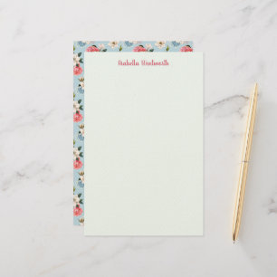 Magnolias and Carnations on Blue Personalised Stationery