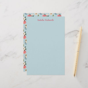 Magnolias and Carnations on Blue Personalised Stationery