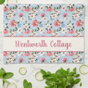 Magnolias and Carnations on Blue Personalised Tea Towel