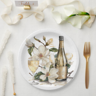 Magnolias and Champagne  Bottle Glasses Wedding Paper Plate
