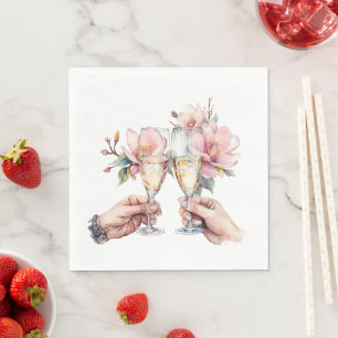 Magnolias and Champagne Glasses Wedding Napkin