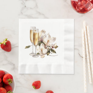 Magnolias and Champagne Glasses Wedding Napkin