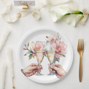 Magnolias and Champagne Glasses Wedding Paper Plate