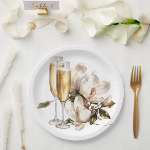 Magnolias and Champagne Glasses Wedding Paper Plate