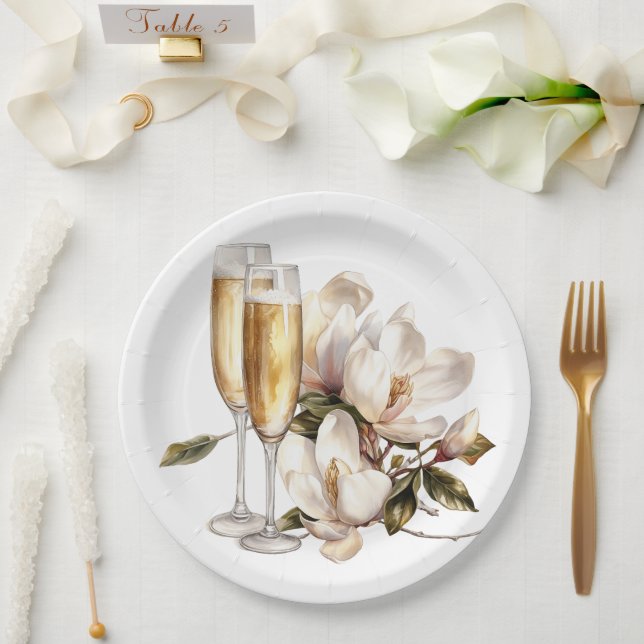 Magnolias and Champagne Glasses Wedding Paper Plate (Wedding)