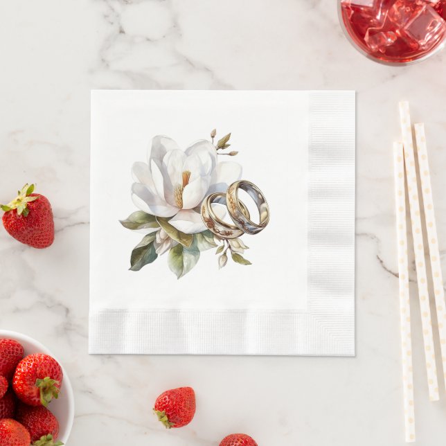 Magnolias and Gold Wedding Rings Wedding Napkin (Insitu)