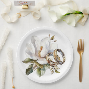 Magnolias and Gold Wedding Rings Wedding Paper Plate