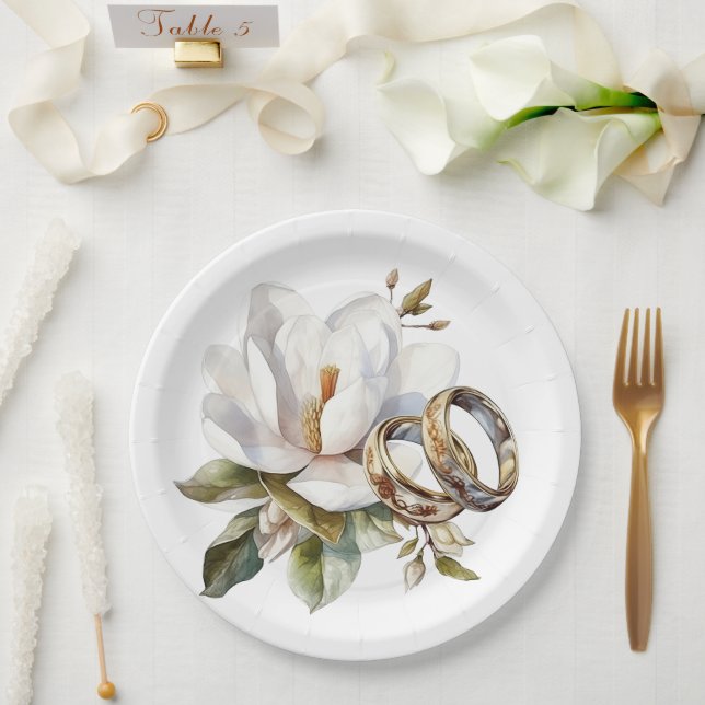 Magnolias and Gold Wedding Rings Wedding Paper Plate (Wedding)