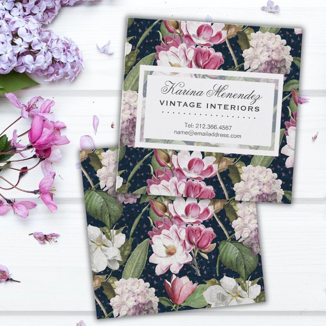 Magnolias and Hydrangeas Vintage Botanical Square Business Card (Creator Uploaded)