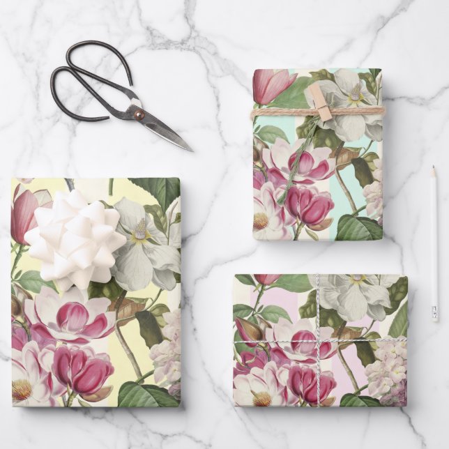 Magnolias and Hydrangeas Vintage Botanical Wrapping Paper Sheet (Front)