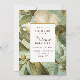 Magnolias Botanical Gold Green Floral Retirement  Invitation