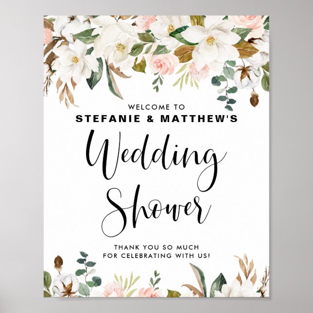 Magnolias & Cotton Garland Wedding Shower Welcome Poster (Front)