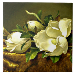 Magnolias on Gold Velvet Cloth, fine art painting, Tile