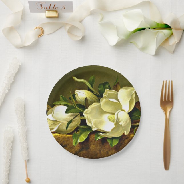 Magnolias on Gold Velvet Cloth Paper Plate (Wedding)