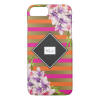 Magnolias on Pink & Faux Gold Stripes Monogram