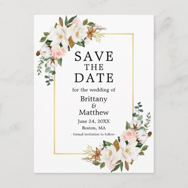 Magnolias Pink Roses Gold Frame Save The Date Postcard (Front)