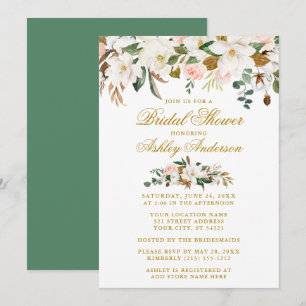 Magnolias Roses Gold Green Elegant Bridal Shower Invitation