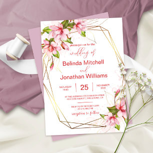Magnolias with Faux Gold Foil Frame Rustic Wedding Invitation