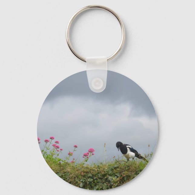 Magpie and wild flowers. key ring (Front)