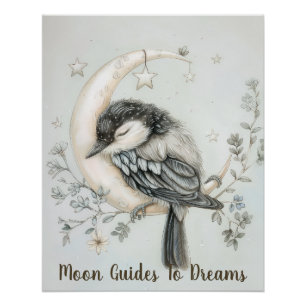 Magpie bird baby sleeping on Moon Poster
