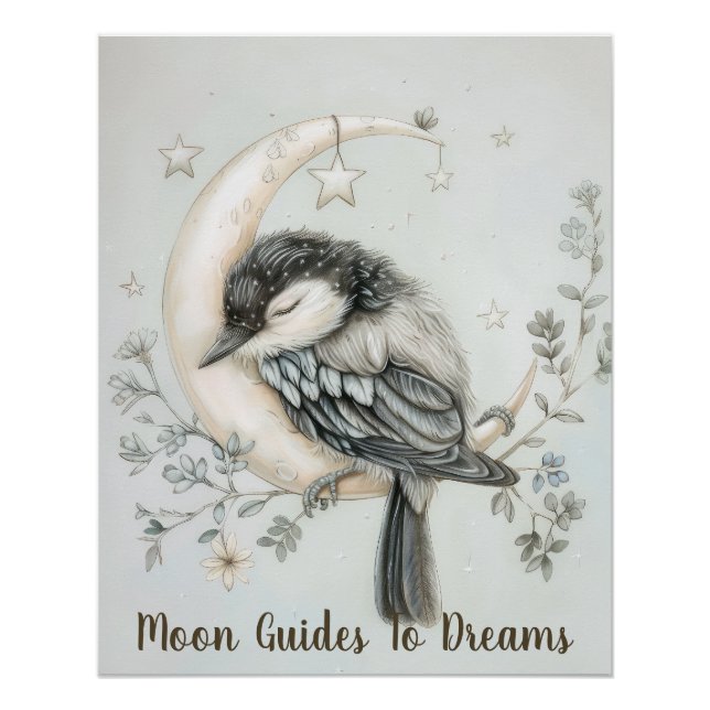 Magpie bird baby sleeping on Moon Poster (Front)