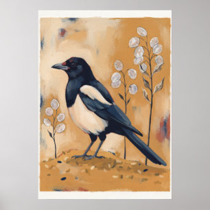 Magpie Bird Botanical Ochre Art Poster