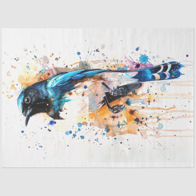 Magpie Bird Tangerine Twilight Decoupage Tissue Paper (Front)