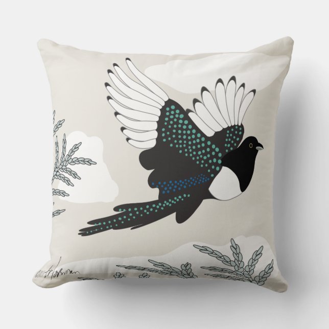 Magpie flying over sage Pillow (Front)