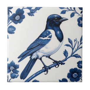 Magpie like Bird Delft Blue and White Floral Tile