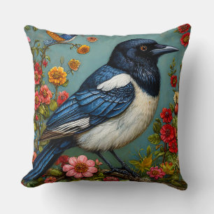 Magpie Perched on Colourful Floral Branch Cushion