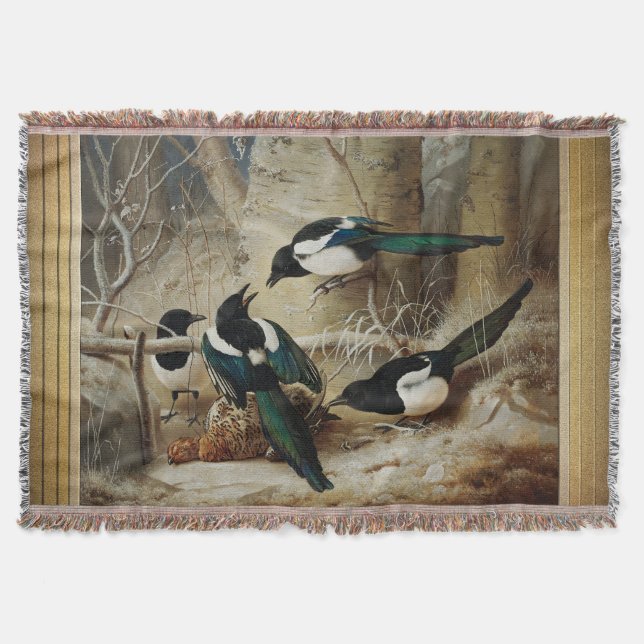 Magpies Round A Dead Female Capercaillie Throw Blanket (Front)