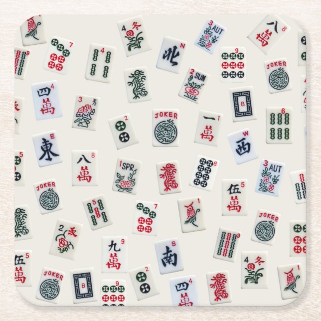 Mah Jongg tiles symbols design on badge Square Paper Coaster (Front)