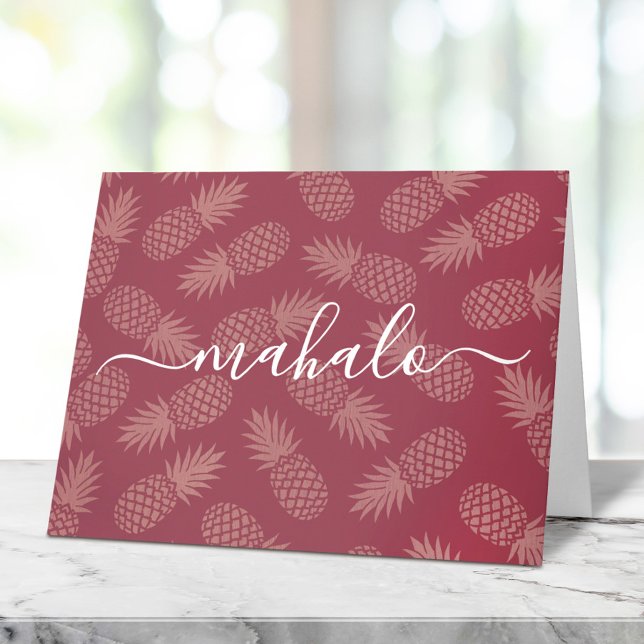 Mahalo rose pink tropical pineapple pattern script thank you card (Creator Uploaded)