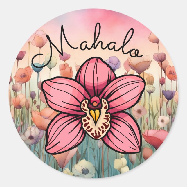 Mahalo Thank You Orchid Flower Classic Round Sticker (Front)