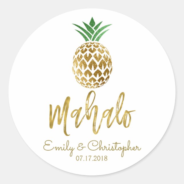 Mahalo Tropical Hawaiian Pineapple Wedding White Classic Round Sticker (Front)