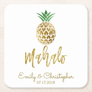 Mahalo Tropical Hawaiian Pineapple Wedding White Square Paper Coaster