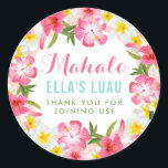Mahalo Tropical Pink Floral Lei Thank You Classic Round Sticker<br><div class="desc">Wedding bridal shower luau favour stickers feature a Hawaiian theme with a floral lei garland frame of tropical hibiscus flowers. Stylish custom text can be personalised with the bride's name and custom Mahalo / Thank You (or other) message. Vibrant colours include pink,  magenta,  yellow,  green,  and aqua blue.</div>