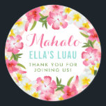 Mahalo Tropical Pink Floral Lei Thank You Classic Round Sticker<br><div class="desc">Wedding bridal shower luau favour stickers feature a Hawaiian theme with a floral lei garland frame of tropical hibiscus flowers. Stylish custom text can be personalised with the bride's name and custom Mahalo / Thank You (or other) message. Vibrant colours include pink,  magenta,  yellow,  green,  and aqua blue.</div>