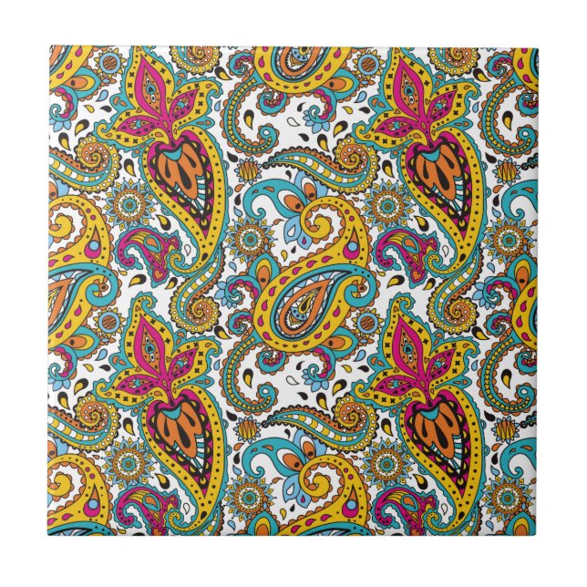Maharani Queen Turquoise Orange Red Paisley Tile (Front)