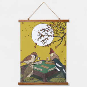 Mahjong birds playing Game  Hanging Tapestry
