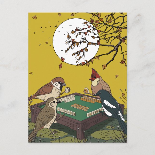 Mahjong birds playing Game  Postcard (Front)