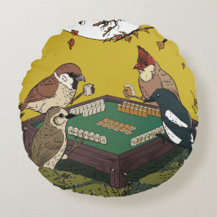 Mahjong birds playing Game  Round Cushion