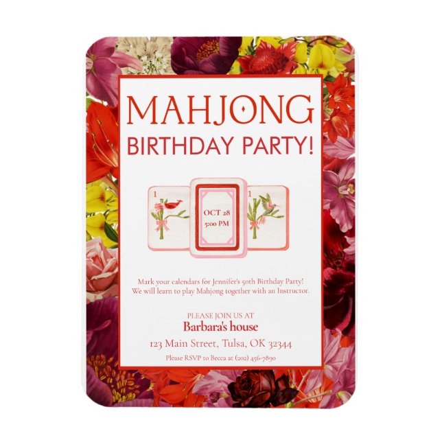 Mahjong Birthday Party Invitation, Floral Magnet (Vertical)