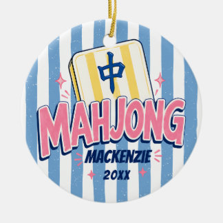 Mahjong Blue Striped Christmas Ceramic Tree Decoration