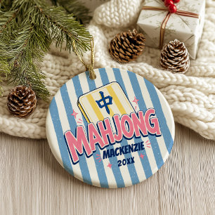 Mahjong Blue Striped Christmas Ceramic Tree Decoration